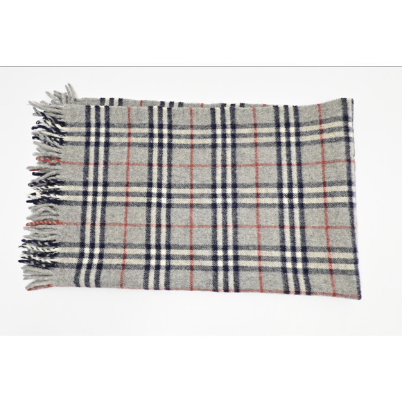 Burberry Scarf Muffler Gray Check Navy and Red Women Men Authentic Wool - Picture 5 of 8